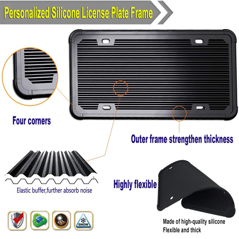 ZXFOOG Black License Plate Frame- Silicone License Plate Cover Holder for Front or Rear Car Tag, Rustproof Rattle Proof with Mounting Screws Caps, 1 Pack - Image 3